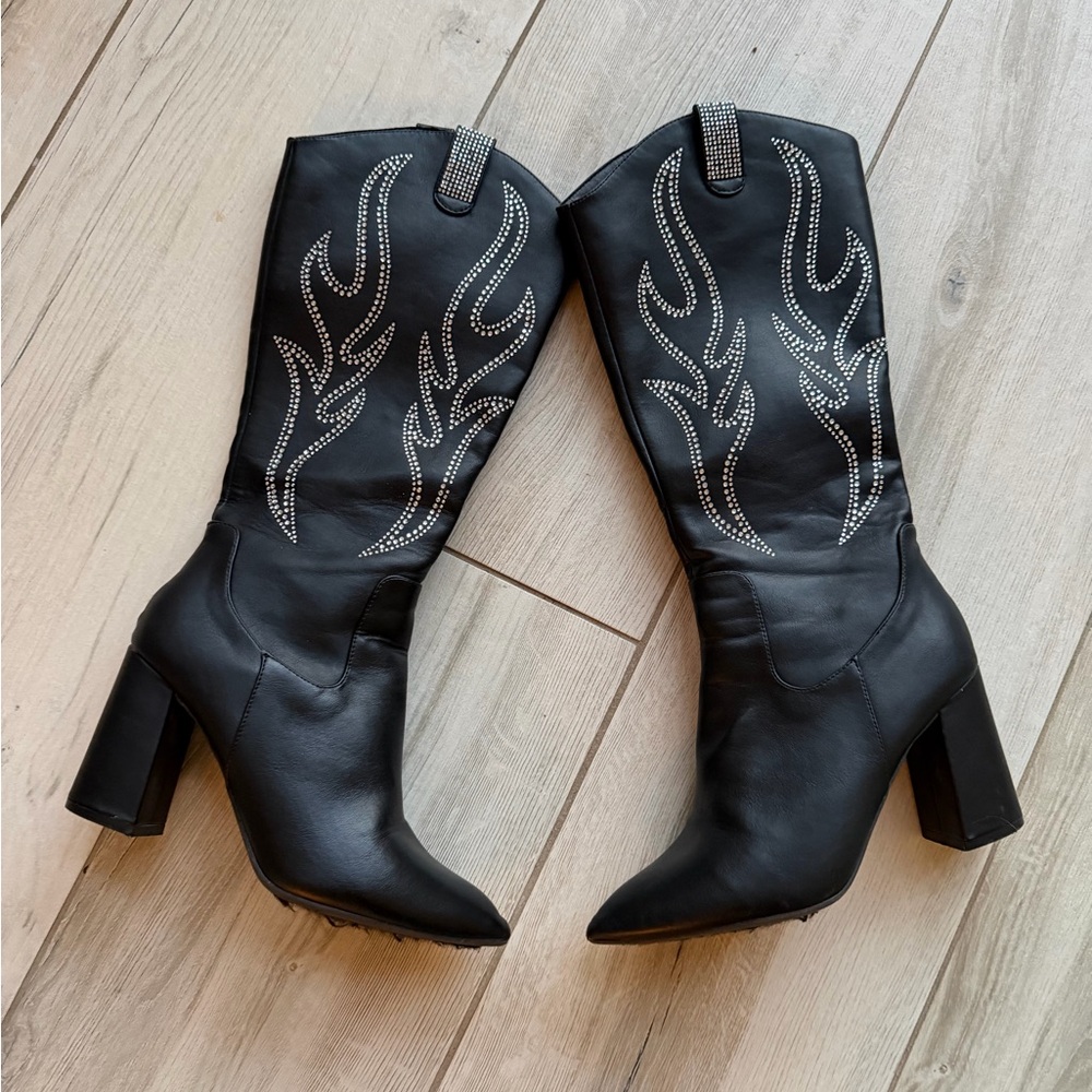 Elegant Black Embellished Rinestone Heeled Boots